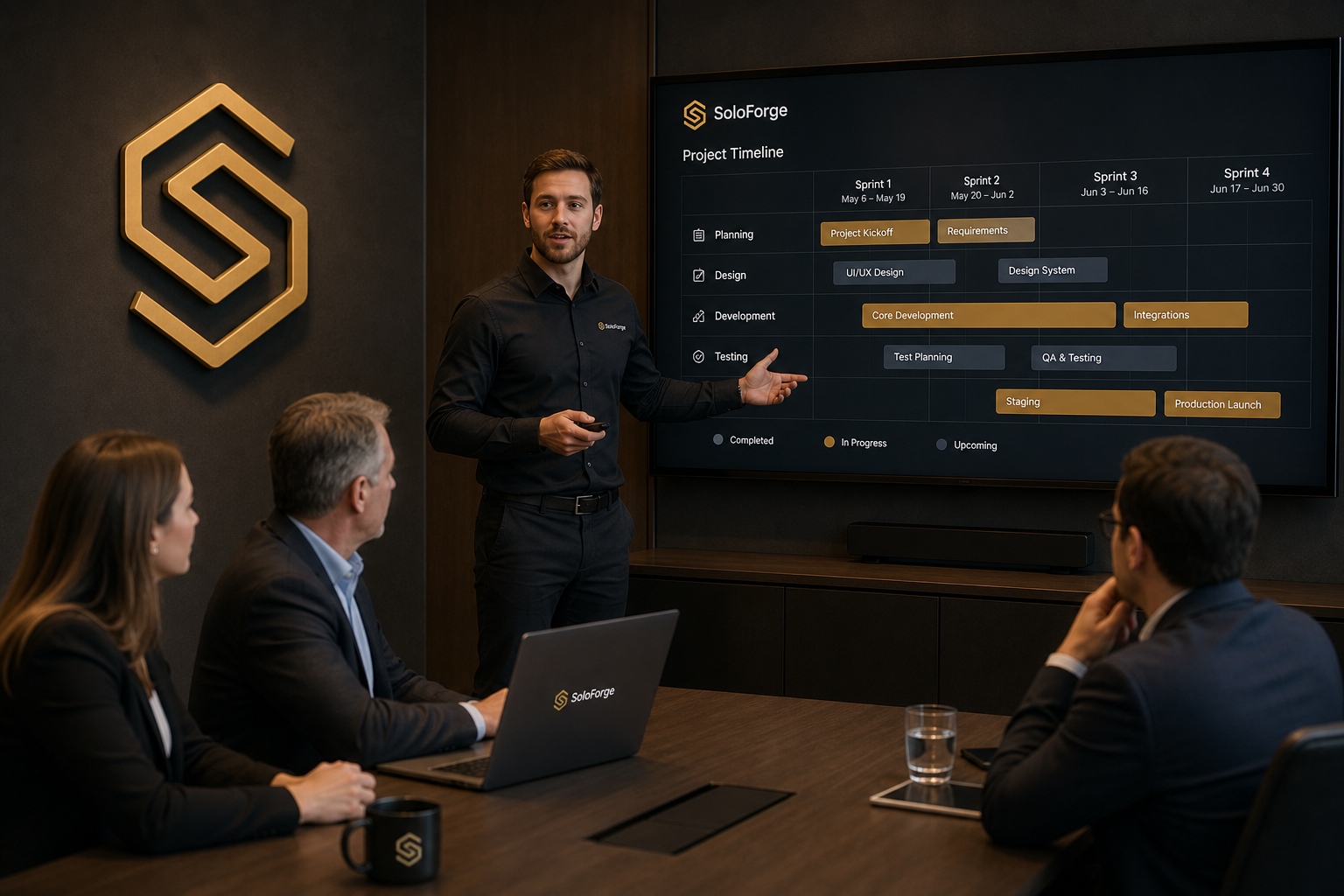 SoloForge delivery lead presenting sprint review